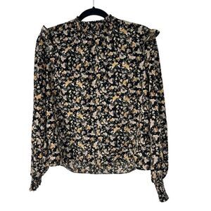 Vigoss Black Multi Color Floral‎ Ruffle Trim Top Sz L NWT